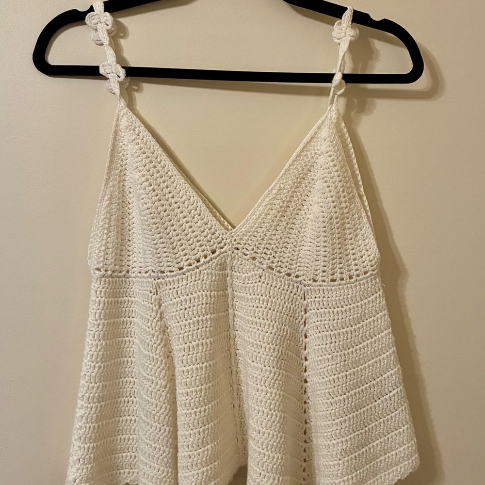 POL Crochet Knit Cropped Babydoll Tank  Cream White Festival Boho Coquette EUC S - Picture 2 of 9